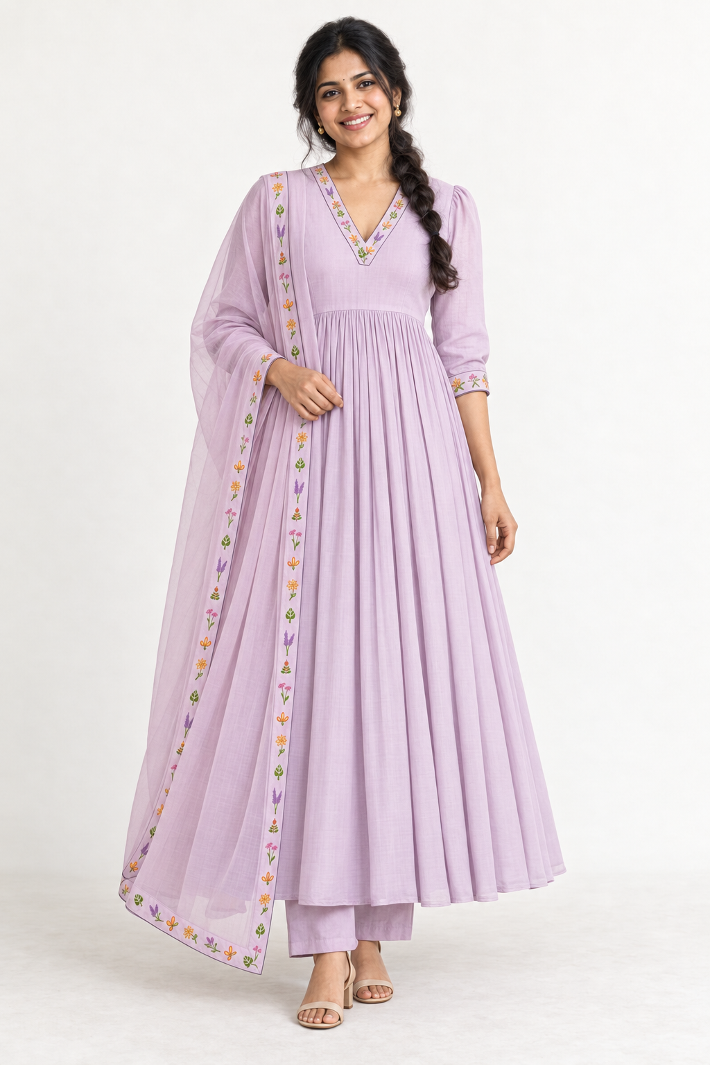 Smiling model wearing a lilac anarkali set with botanical embroidery and a matching sheer dupatta