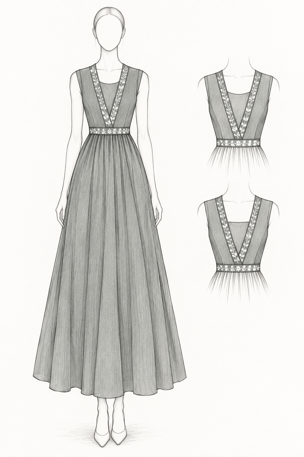 Pencil concept sketch of a sleeveless dress with a fitted waist and a flowing gathered skirt