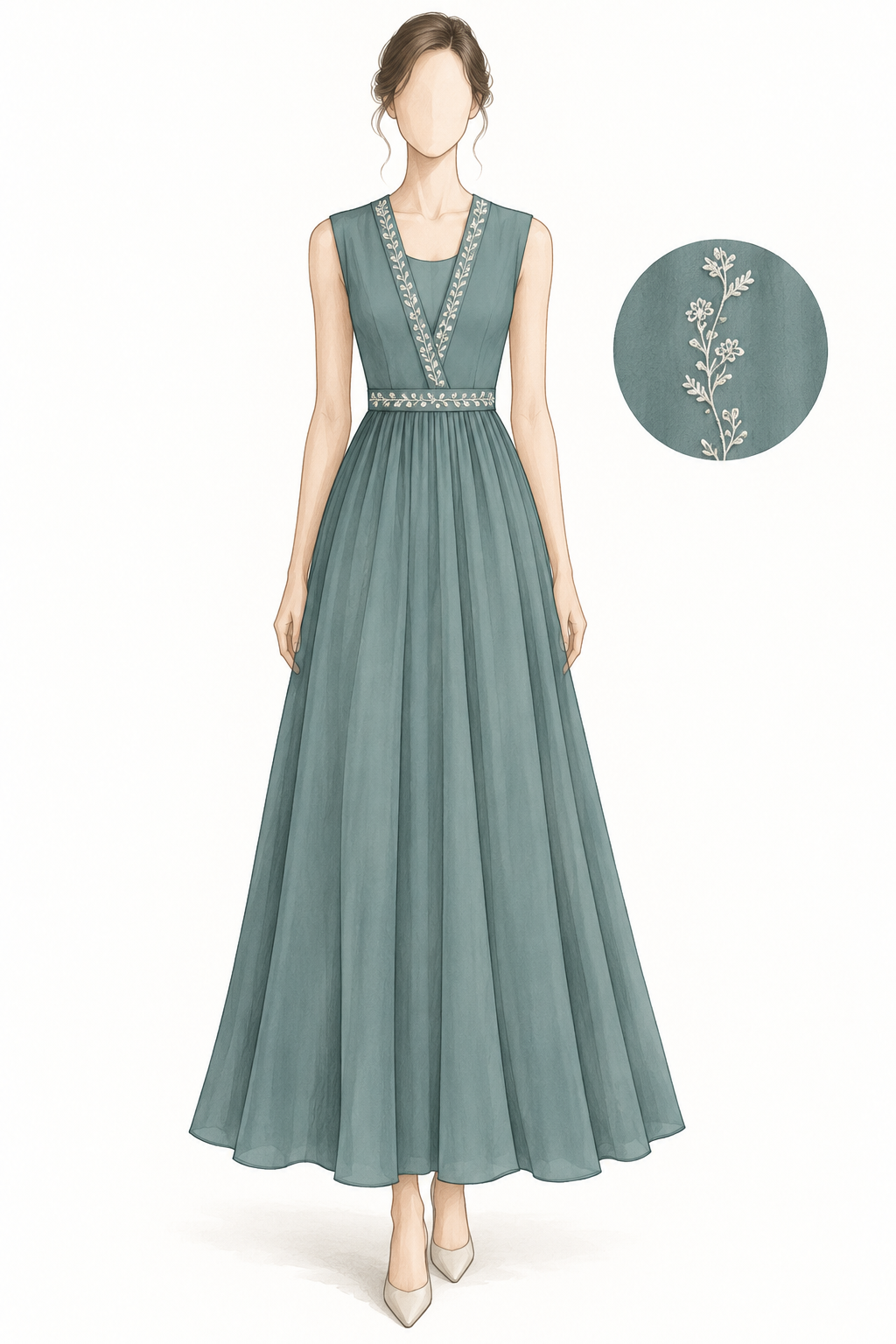 Refined illustration of the supplied teal dress concept with ivory floral detail around the V-shaped bodice and waist