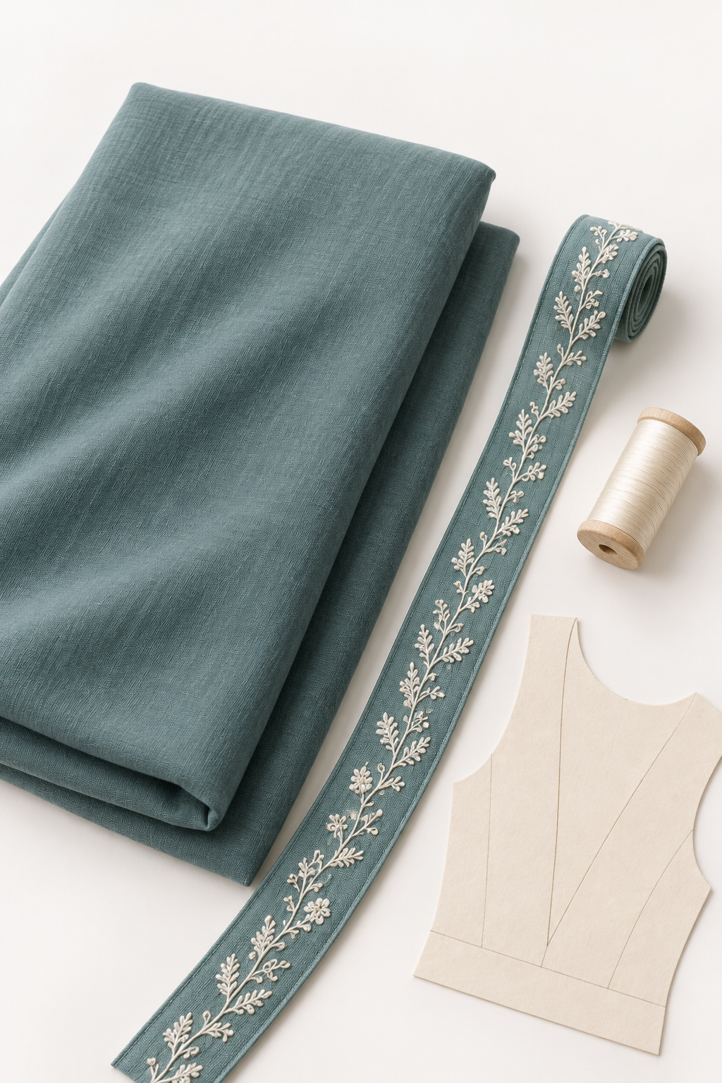 Concept flat lay of teal fabric, ivory floral embroidery, thread and a paper pattern